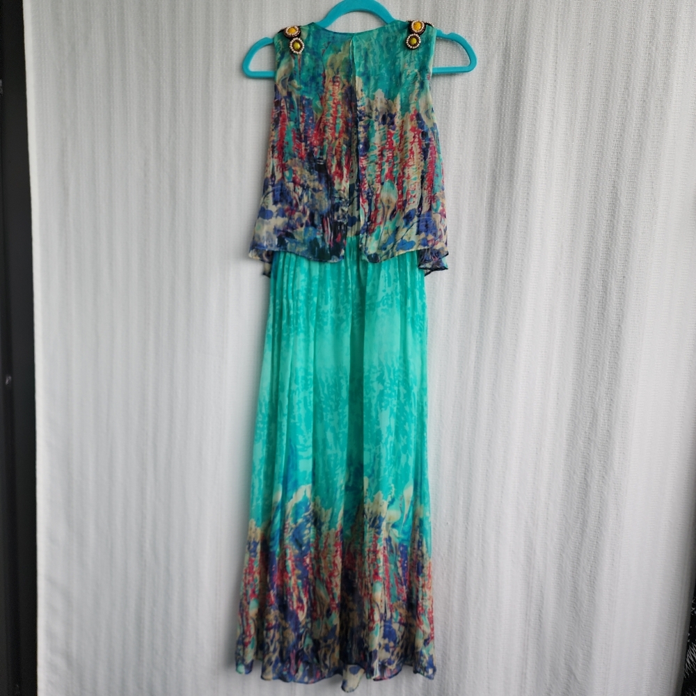 EUC  100% SILK TURQUOISE MAXI DRESS WITH JEWEL EMBELLISHMENTS - SIZE SMALL - Picture 2 of 10